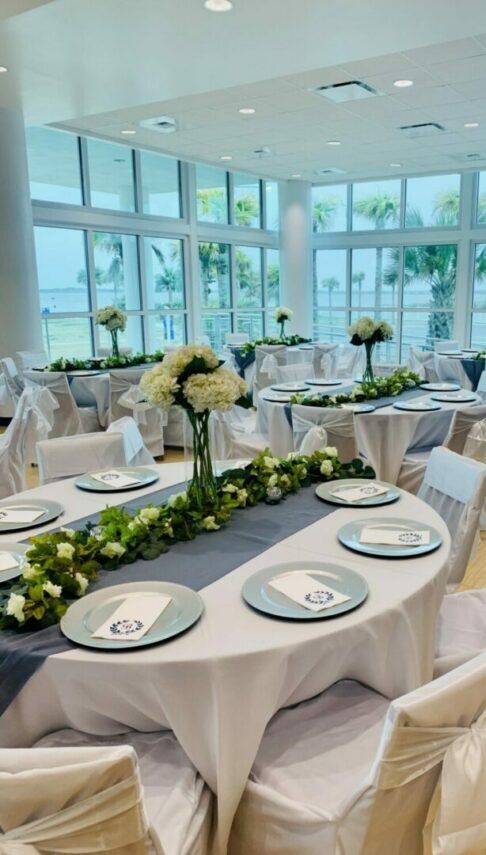 a banquet room set up for a wedding